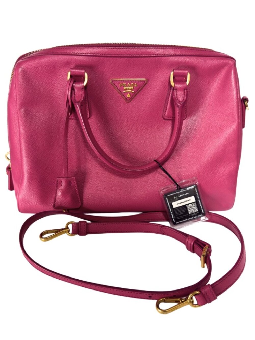 Prada Saffiano Lux Leather Bowler Bag in Magenta with Gold Hardware
